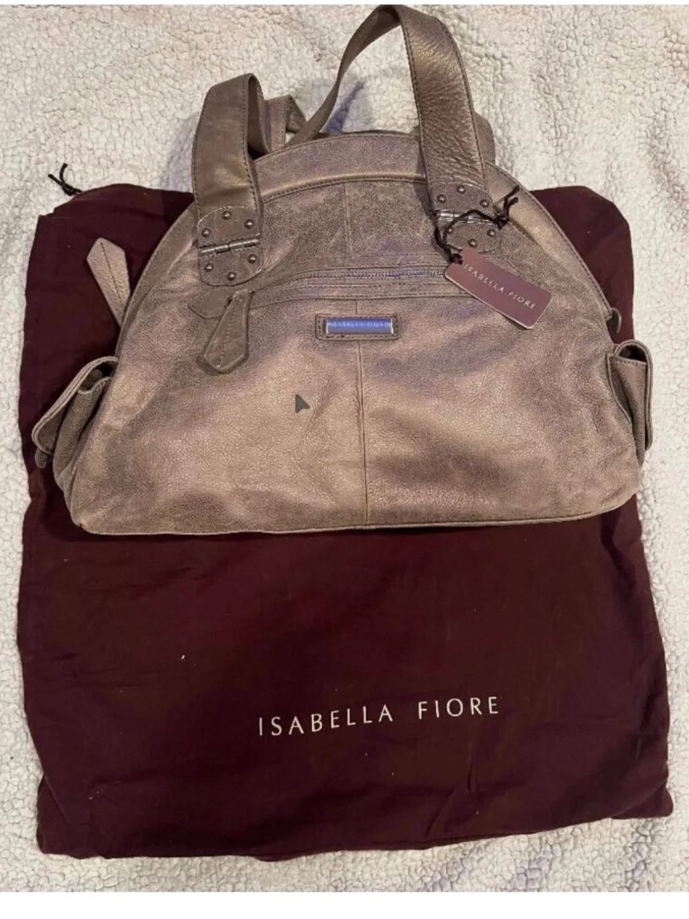 NEW WITH TAGS ISABELLA FIORE HANDBAG PURSE SATCHEL PEWTER DUST JACKET $695